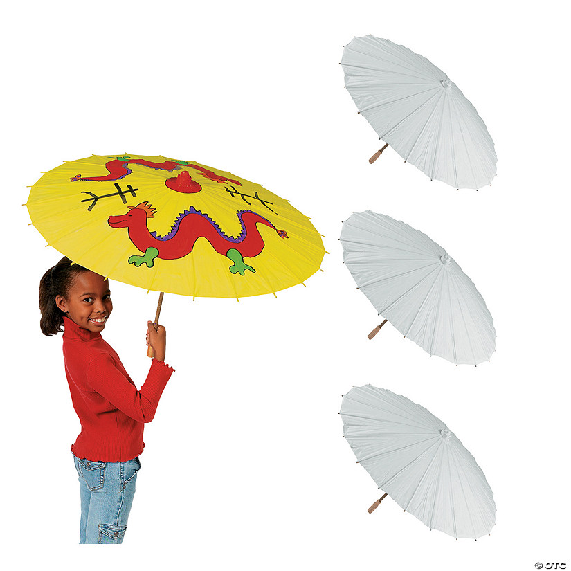 23" DIY Paintable White Paper Parasols with Bamboo Handles &#8211; 3 Pc. Image