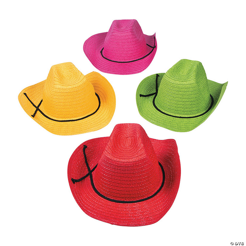 24" Adults Red, Yellow, Pink & Green Straw Cowboy Hats - 12 Pc. Image