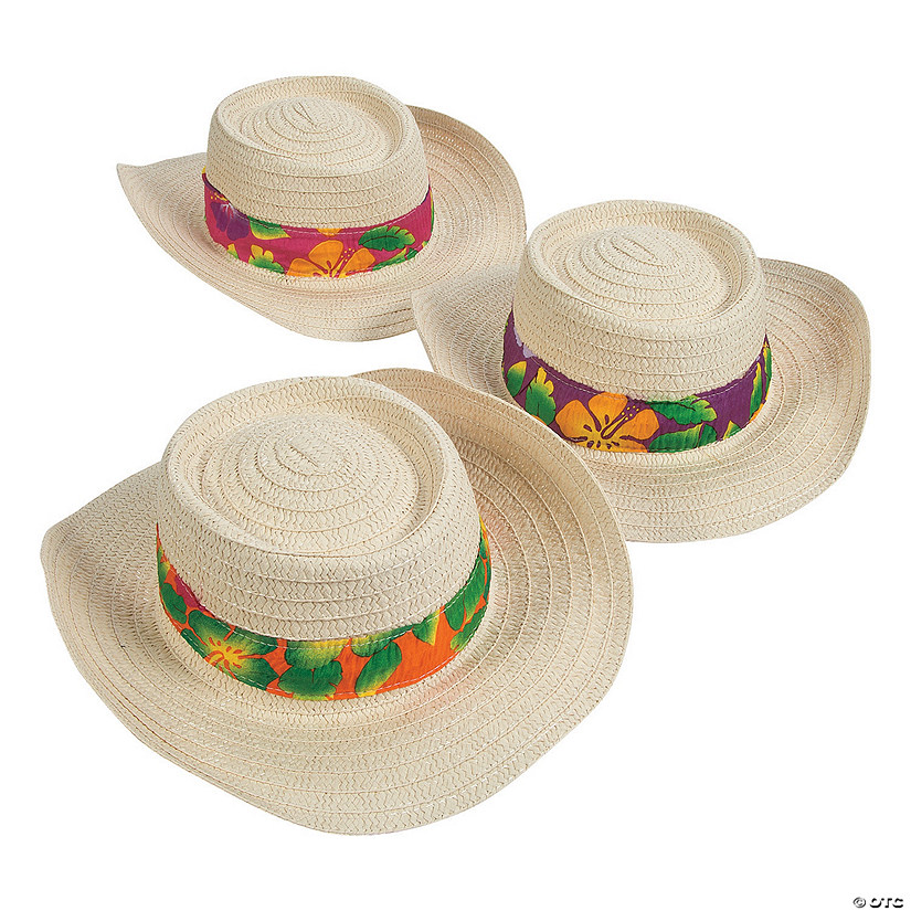 24" Classic Straw Beach Hats with Hibiscus Print Band - 12 Pc. Image
