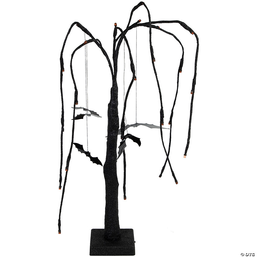 24" LED Lighted Black Glittered Halloween Willow Tree with Bats - Orange Lights Image