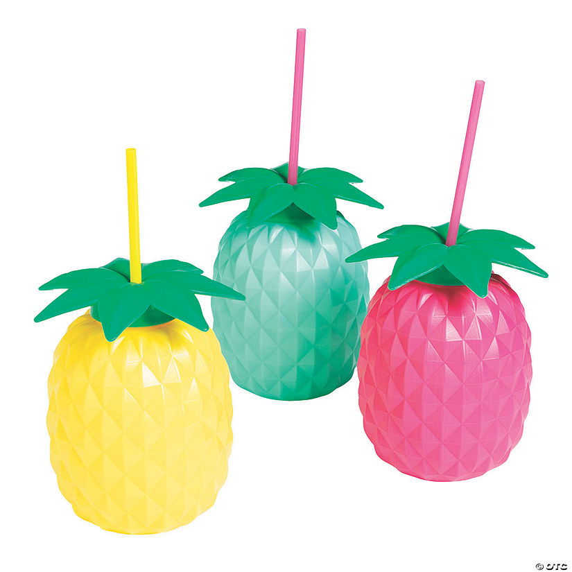 24 oz. Colorful Pineapple Reusable BPA-Free Plastic Cups with Lids & Straws - 6 Ct. Image