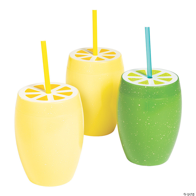 24 oz. Lemon & Lime Reusable BPA-Free Plastic Cups with Lids & Straws - 6 Ct. Image