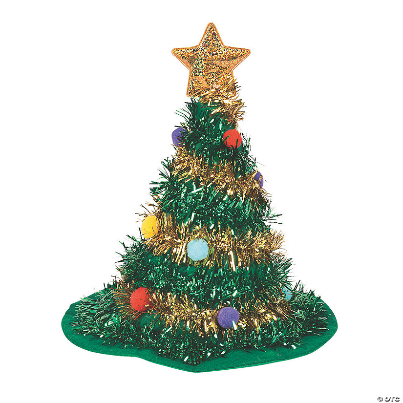 25 1/2" x 14" Tinsel Christmas Tree-Shaped Green & Gold Felt Hat Image