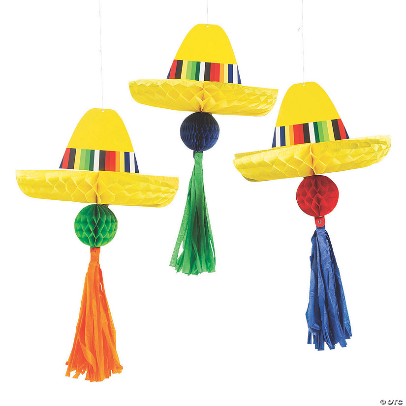 25" Sombrero Honeycomb Ceiling Decorations with Tassels - 3 Pc. Image
