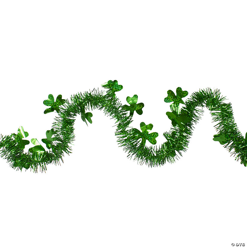 25' x 2" Green Tinsel Irish Shamrock Artificial St. Patrick's Day Garland - Unlit Image