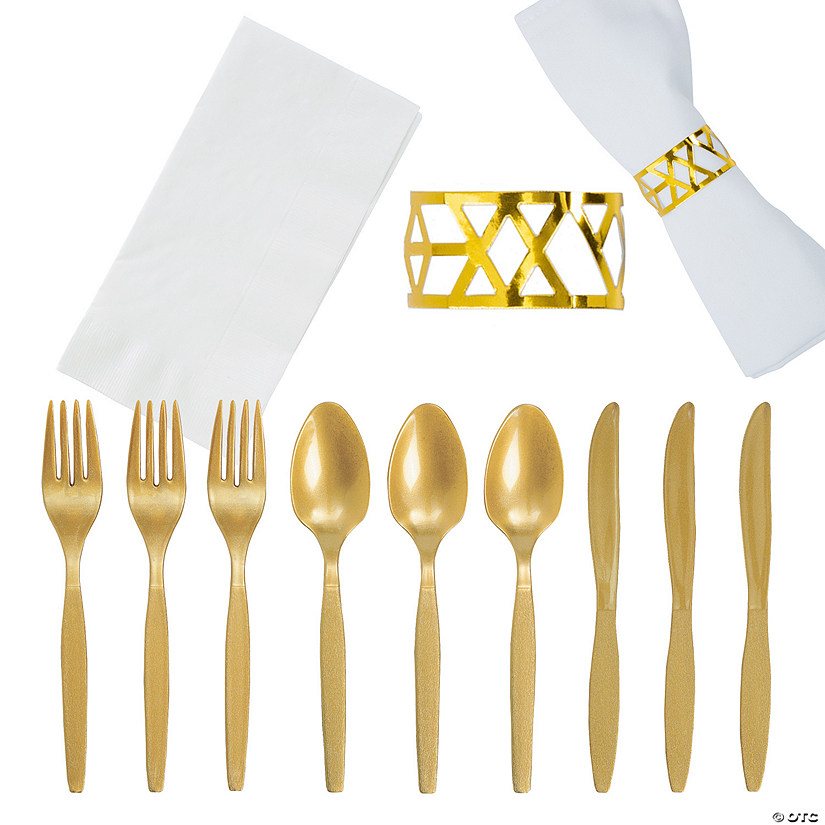 250 Pc. Metallic Gold Rolled Cutlery Kit for 50 Guests Image