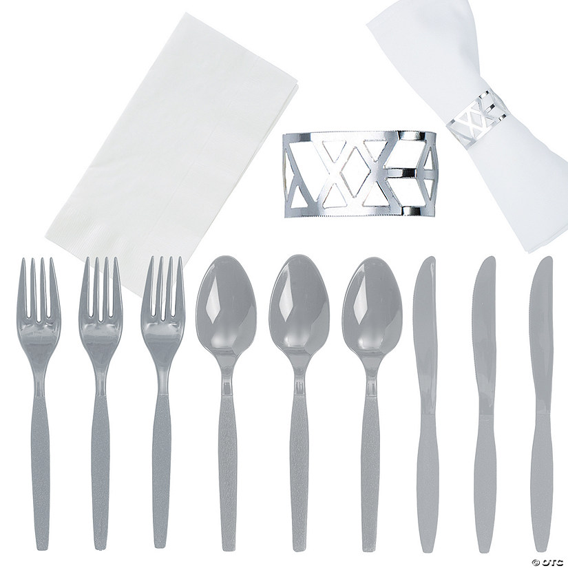250 Pc. Metallic Silver Rolled Plastic Cutlery Kit for 50 Guests Image