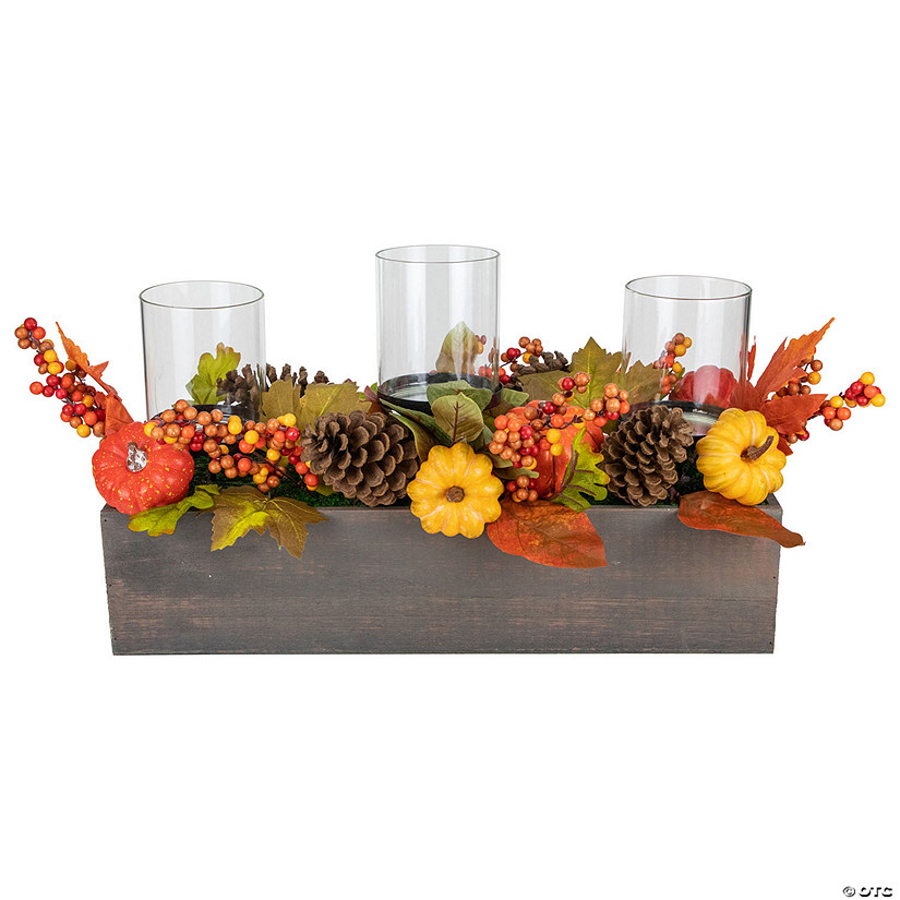 27" Pumpkin  Berry and Pine Cone Fall Harvest Triple Pillar Candle Holder Image