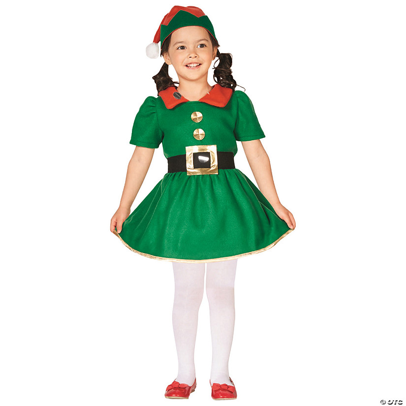 28" Green and Red Girl's Elf Christmas Costume - 6-8 Years Image