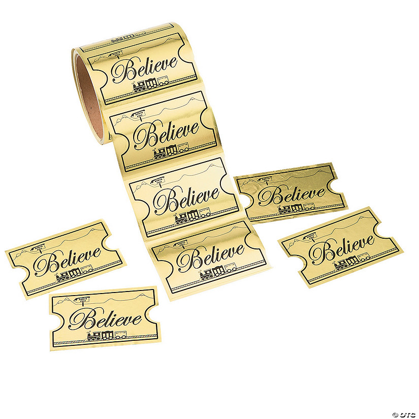 3 1/2" Jumbo Gold Foil Believe Train Ticket  Sticker Roll - 100 Pc. Image