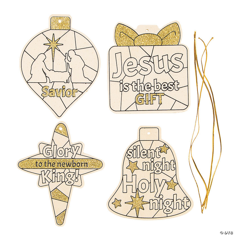 3 1/2" x 4 1/2" Color Your Own Glittery Wood Nativity Ornaments - 12 Pc. Image