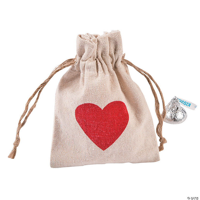 3 1/2" x 4 3/4" Mini Heart Canvas Drawstring Treat Bags - 12 Pc. Image