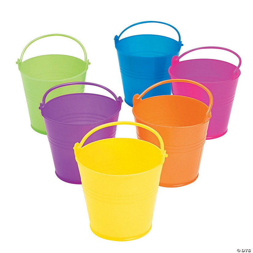 3 1/4" Mini Bright Pink, Orange, Yellow, Green & Blue Plastic Favor Pails - 12 Pc. Image
