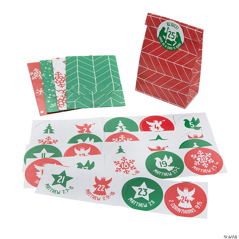 3 1/4" x 2" x 6 1/2" Small Advent Countdown Christmas Paper Treat Bags with Stickers - 50 Pc. Image