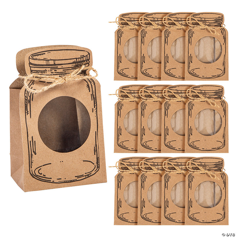 3 1/4" x 5 1/4" Mini Kraft Paper Mason Jar-Shaped Treat Bags with Cellophane Window - 12 Pc. Image