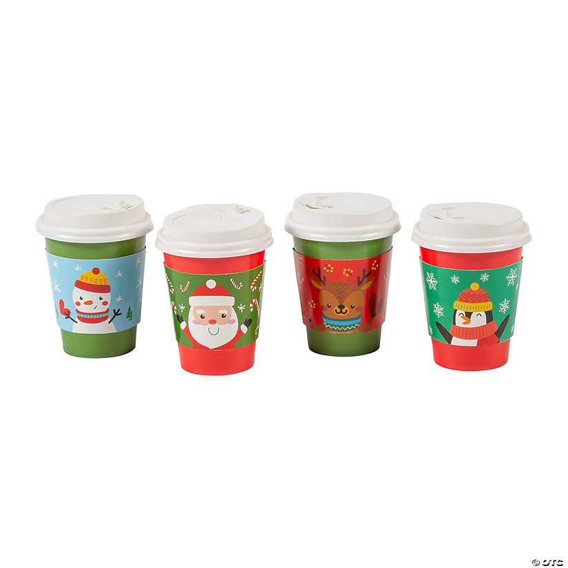 3 3/4" 9 oz. Small Christmas Characters Disposable Paper Coffee Cups with Lids - 12 Ct. Image