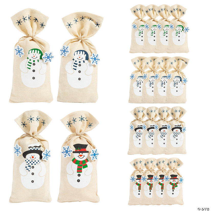 3 3/4" x 9" Large Painted Snowman Canvas Drawstring Treat Bags - 12 Pc. Image