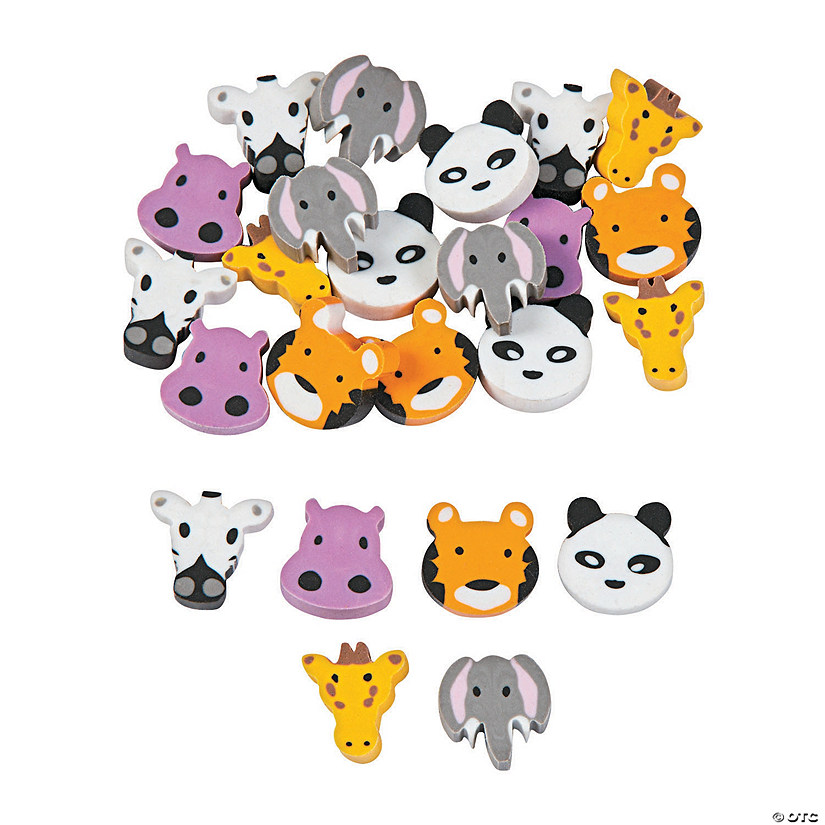 3/4" Bulk 144 Pc. Mini Zoo Animal Heads Multicolor Rubber Eraser Assortment Image