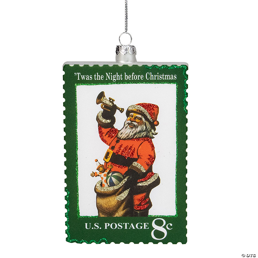 3.5" Green USPS Santa Stamp "Twas The Night Before Christmas" Glass Christmas Ornament Image