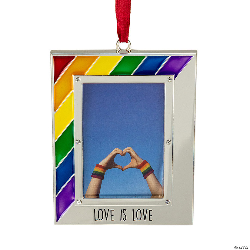 3.5" Silver-Plated Love is Love Frame Pride Christmas Ornament with European Crystals Image