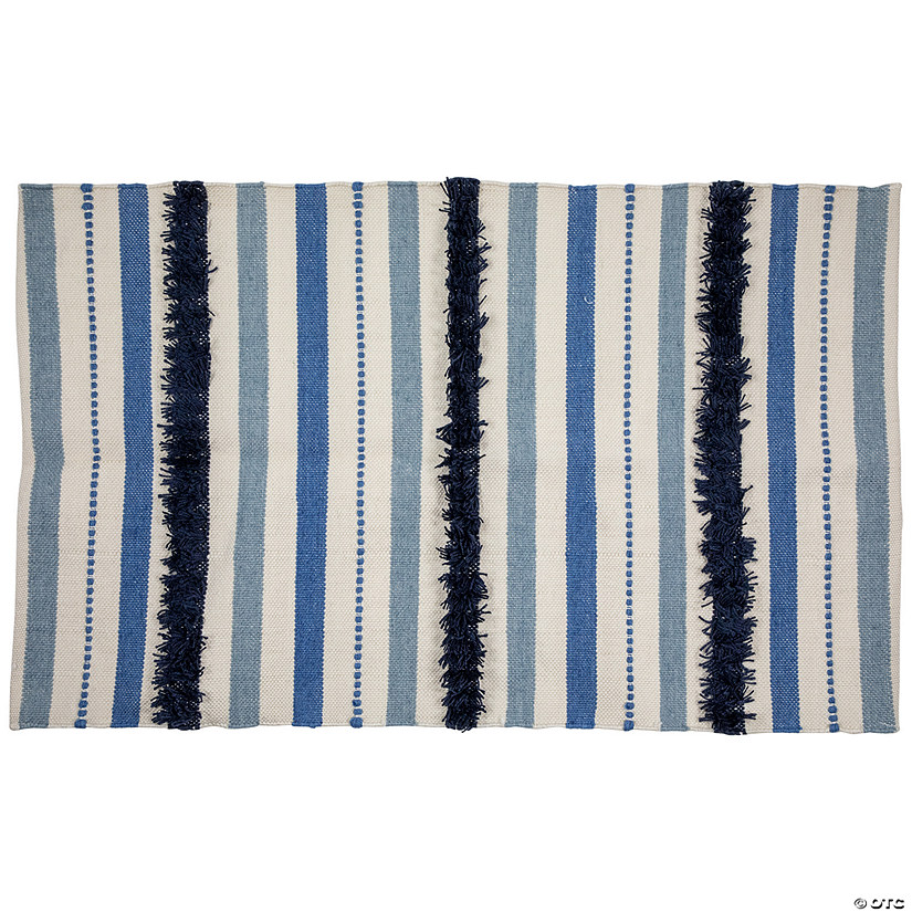3.5' x 2.25' Blue  Cream and Black Striped Handloom Woven Outdoor Accent Throw Rug Image