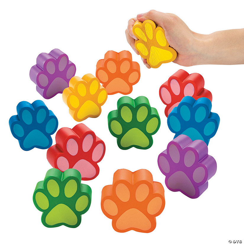 3" Brightly Colored Paw Print-Shaped Foam Stress Toys - 12 Pc. Image