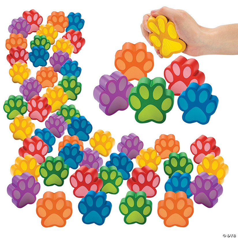 3" Bulk 48 Pc. Brightly Colored Paw Print-Shaped Foam Stress Toys Image