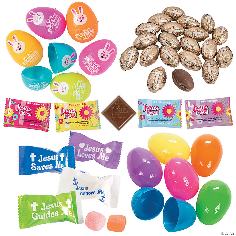 3" Bulk 96 Pc. Religious Candy Filler & Bright Plastic Easter Eggs Kit Image