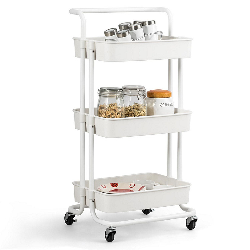 3 Tier Rolling Cart W/Wheels Practical Handle&amp;ABS Storage Basket Organizer White Image