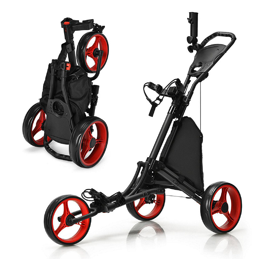 3Wheel Foldable Golf Push Pull Cart Trolley w/ Adjustable Handle Red
