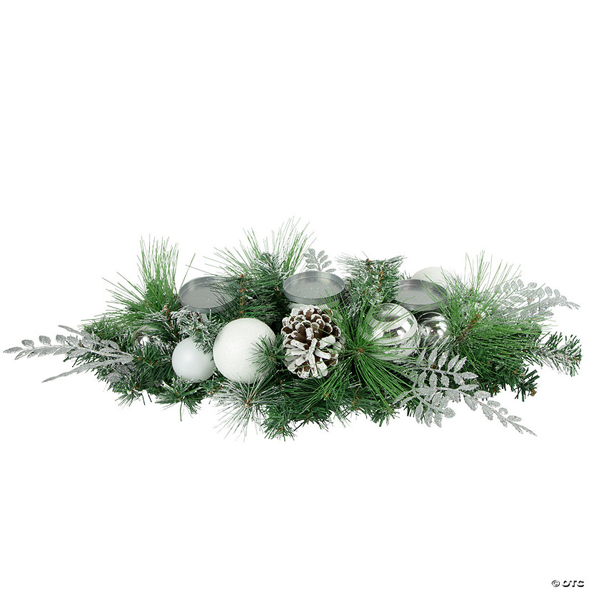 30" Green Pine and Needle Triple Candle Holder with Pinecones and Christmas Ornaments Image