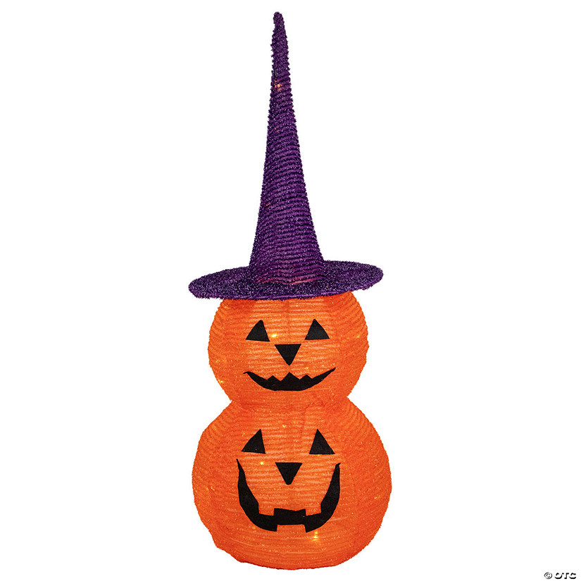 30" Pop Up Lighted Tinsel Stacked Jack-O-Lanterns Halloween Decoration Image