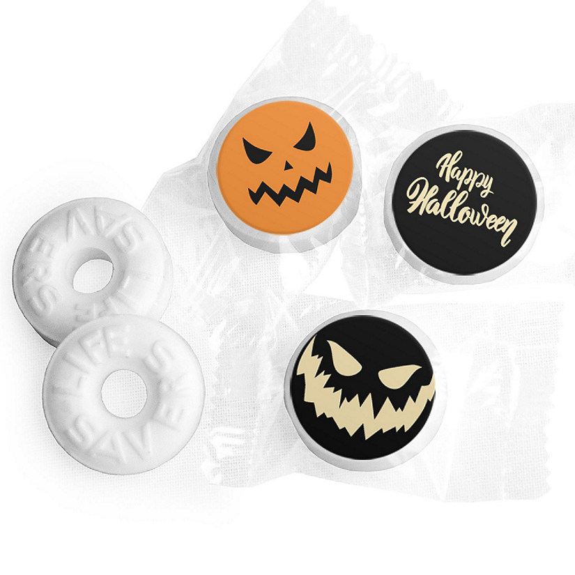 300 pcs Halloween LifeSavers Mints Party Favors (Approx. 300 mints & 324 Stickers) by Just Candy - Assembly Required - Scary Pumpkins Image