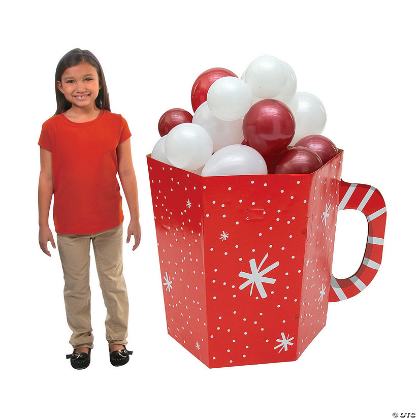 34" 3D Hot Cocoa Mug Red & White Cardboard Stand-Up with Balloons Image