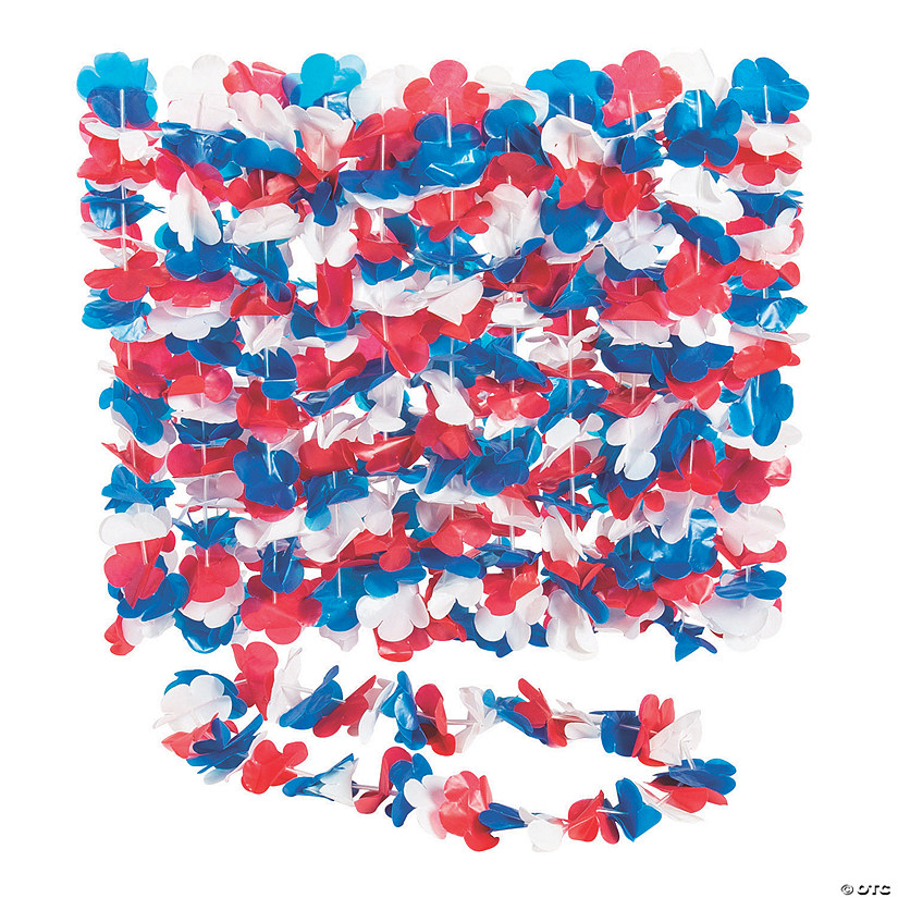 34" Bulk 50 Pc. Patriotic Red, White & Blue Plastic Flower Leis Image