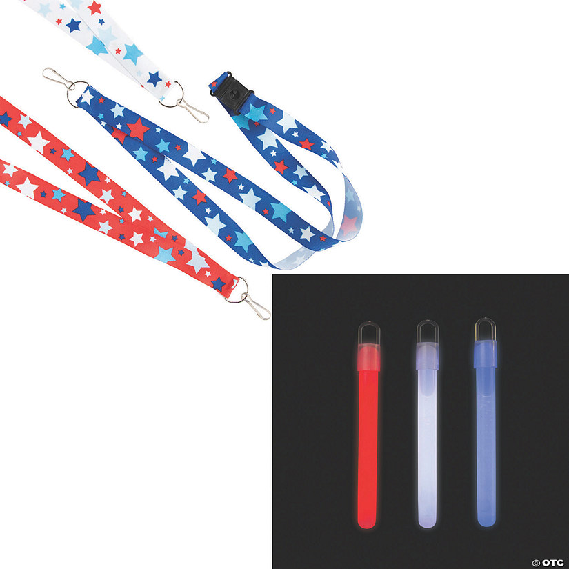 34" Bulk Patriotic Red, White & Blue Star Breakaway Lanyard & Glow Stick Kit for 48 Image