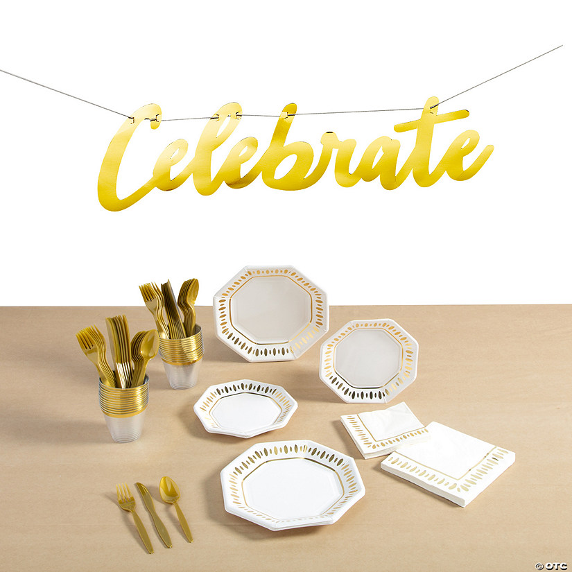 350 Pc. White & Gold Party Celebrate Disposable Tableware Kit for 24 Guests Image