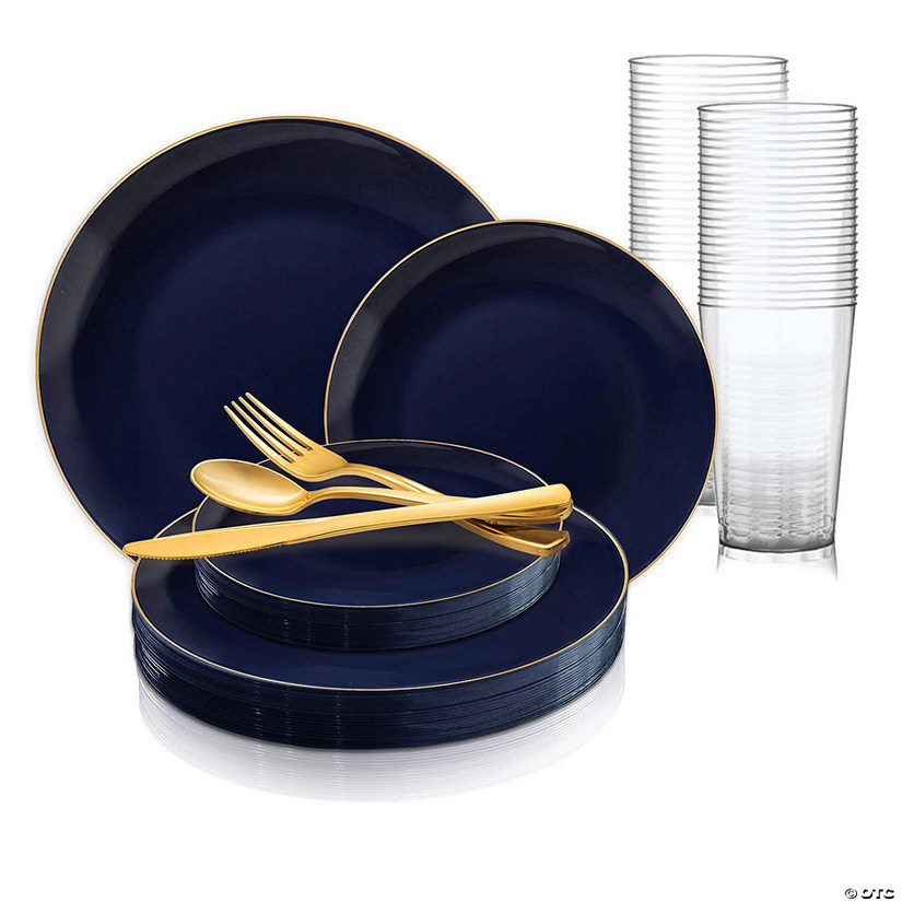 360 Pc. Navy with Gold Rim Organic Round Disposable Plastic Dinnerware Value Set for 60 Guests Image