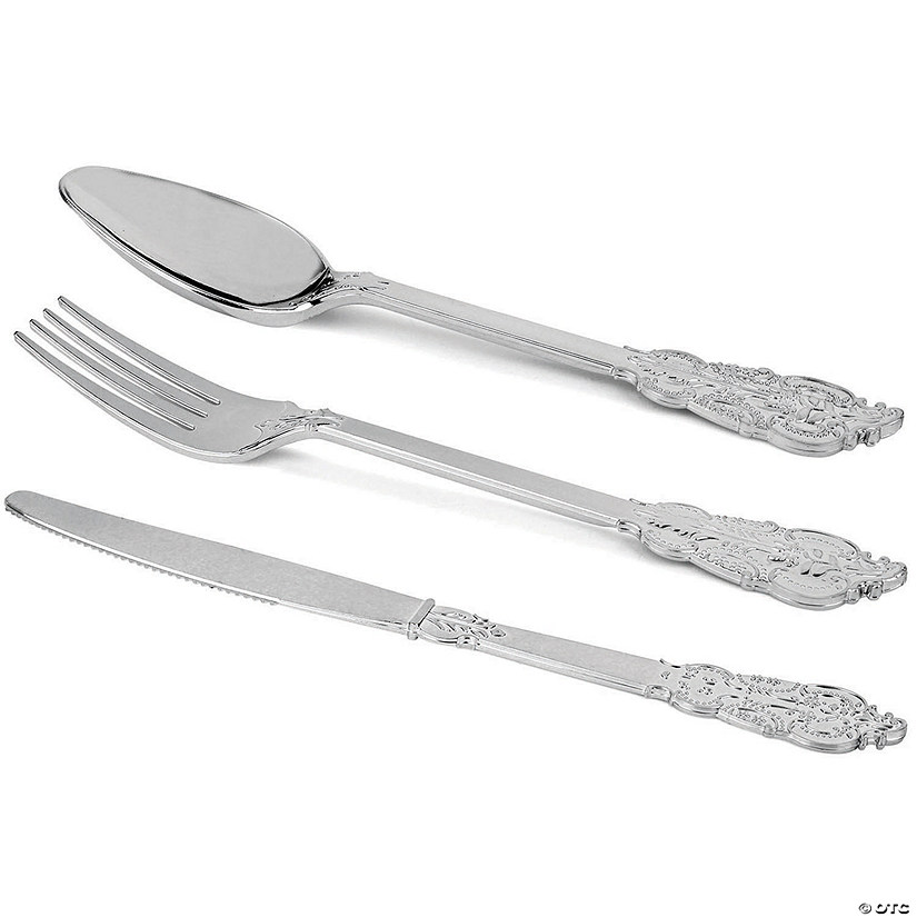 360 Pc. Shiny Metallic Silver Baroque Plastic Cutlery Set - Spoons, Forks and Knives (120 Guests) Image