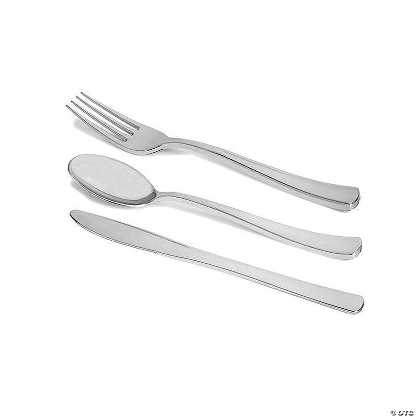 360 Pc. Shiny Metallic Silver Plastic Cutlery Combo Set - Spoons, Forks and Knives (120 Guests) Image