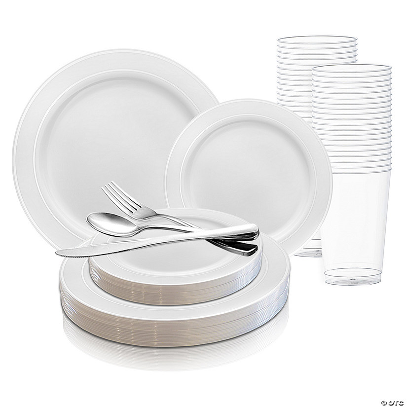 360 Pc. White with Silver Edge Rim Plastic Plastic Dinnerware Value Set for 60 Guests Image