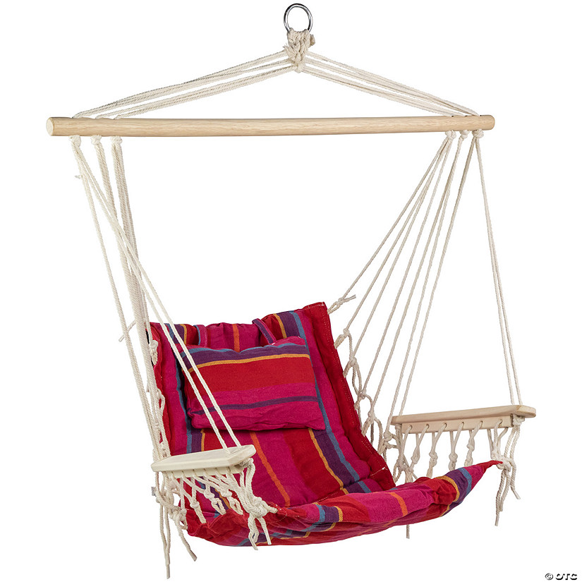 37" Pink and Red Striped Outdoor Hammock Chair with Pillow Image