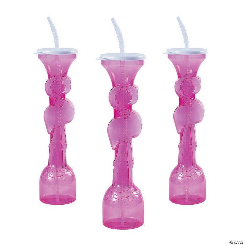 38 oz. Flamingo Reusable BPA-Free Plastic Yard Glasses with Lids & Straws - 6 Ct. Image