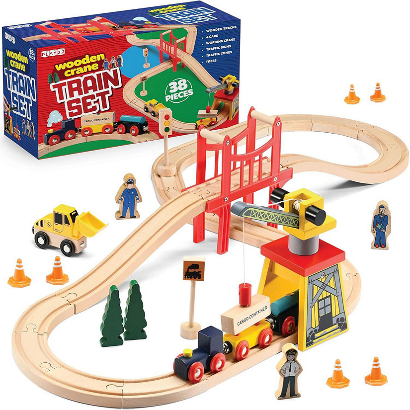 38 Pcs Wood Train Track Set for Toddlers 2-4 Years with Crane, Bridge & Accessories - Compatible with All Major Brands - Play22Usa Image