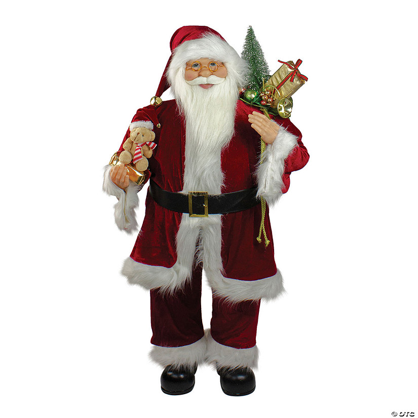 3ft Red and White Santa Claus Christmas Figure with Teddy Bear and Gift Bag Image