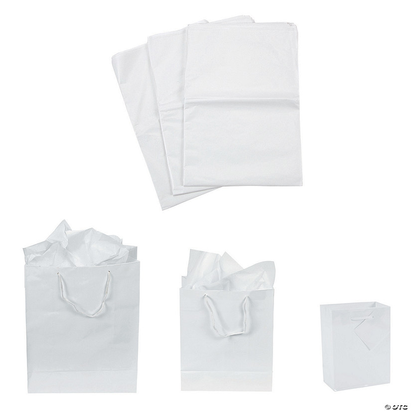 4 1/2" - 10 1/2" Small, Medium & Large White Gift Bags & Tissue Paper Kit - 36 Pc. Image
