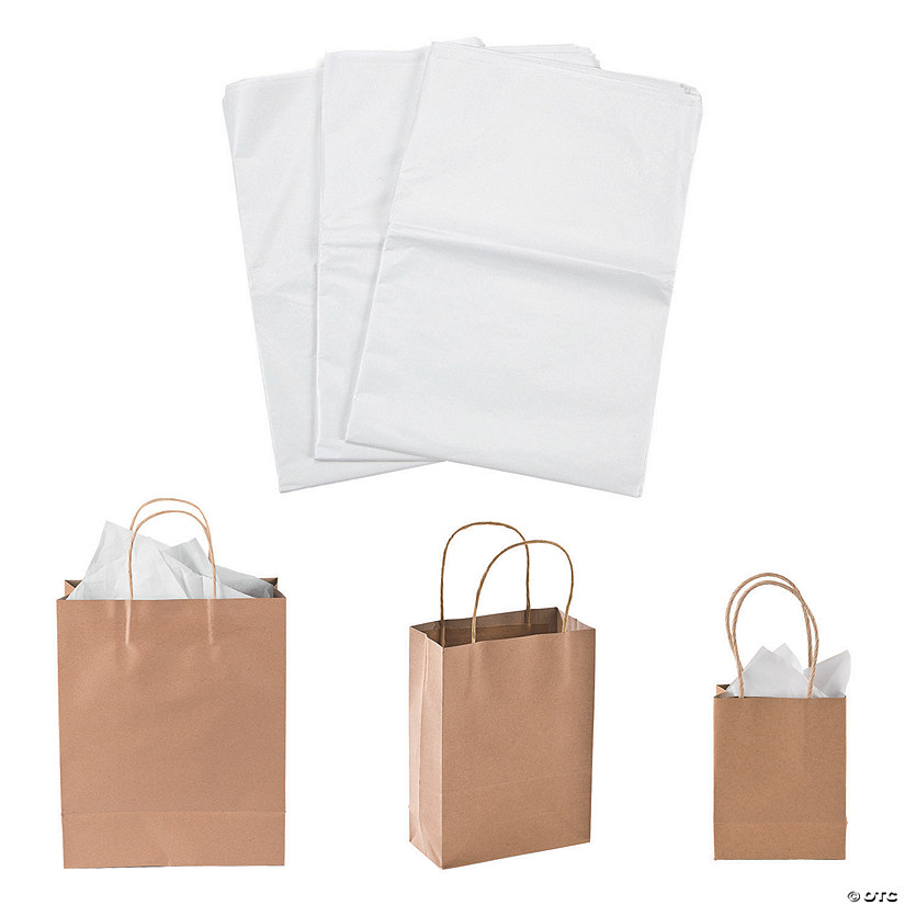 4 1/2" - 10 1/2" x 5 3/4" - 13" Small, Medium & Large Kraft Paper Bags & White Tissue Paper Kit - 156 Pc. Image
