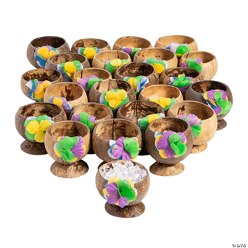 4 1/2" 10 oz. Bulk 60 Ct. Decorative Coconut Cups with Polyester Flower Image