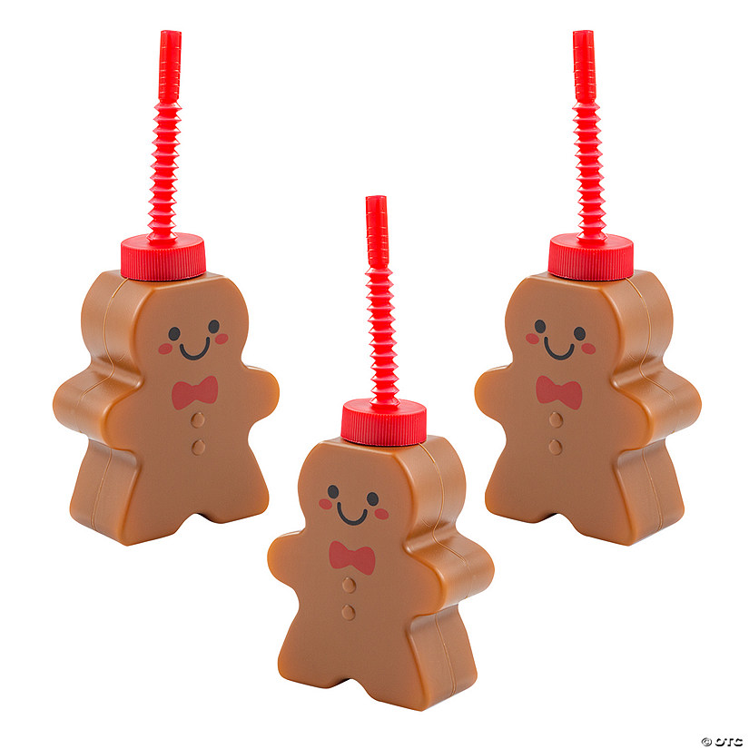 4 1/2" 10 oz. Gingerbread Man Reusable BPA-Free Plastic Cups with Lids & Straws - 12 Ct. Image