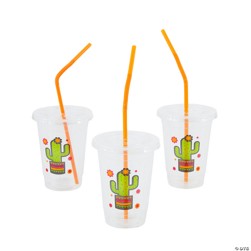 4 1/2" 16 oz. Fiesta Cactus Disposable Plastic Cups with Lids & Straws - 12 Pc. Image